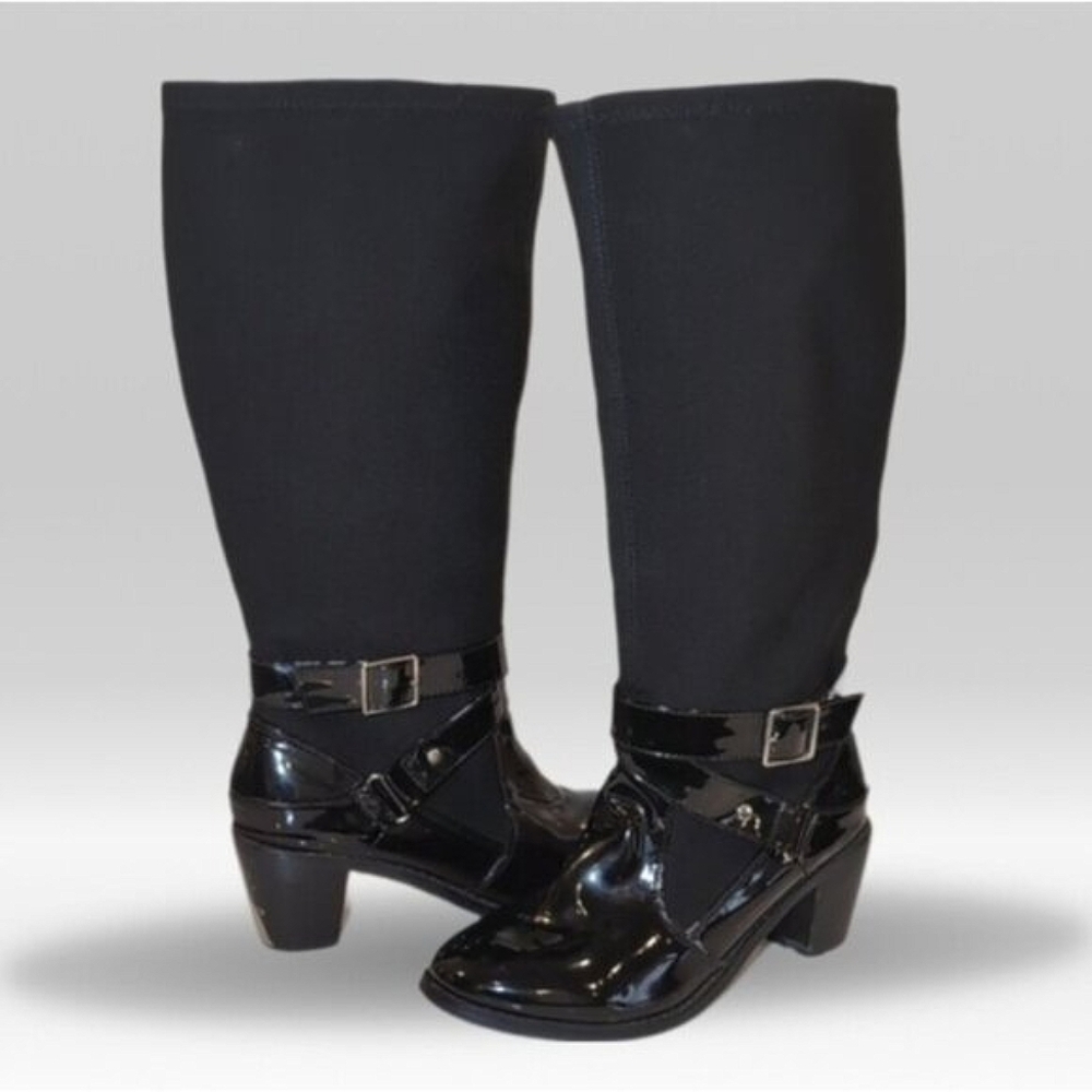 LCB Patent Leather Riding Boots 8W Wide Scuba Stretch Block Heel Western Cowgirl